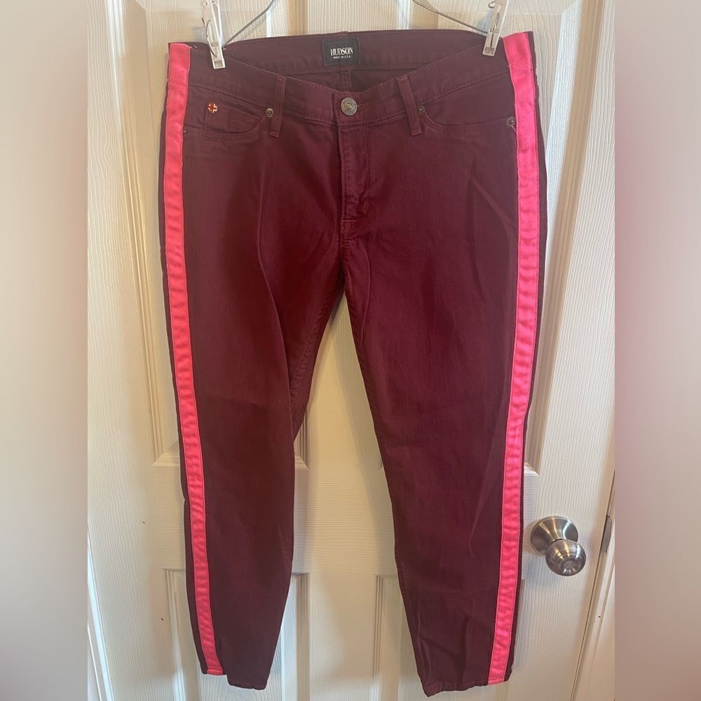 Hudson LouLou tuxedo red skinny jeans with pink stripe 28